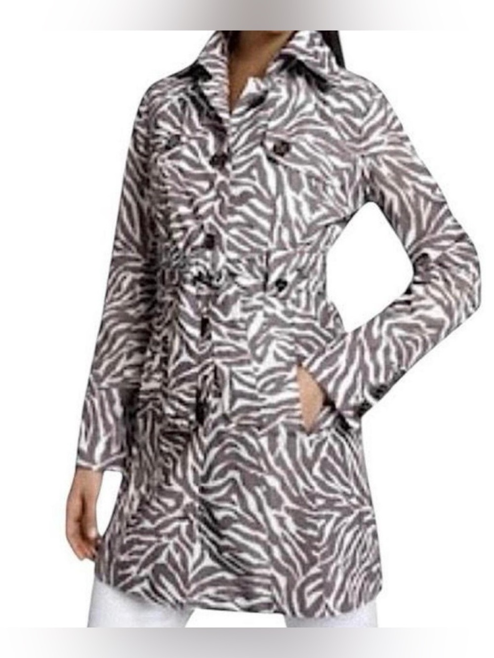 Guess Taupe and White Zebra-Print Trench Coat